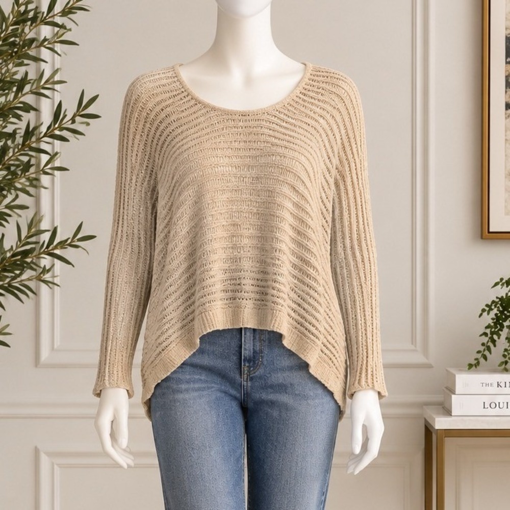 Jennifer Lopez Women Sweater Gold Metallic Open Weave Hi-Low Medium